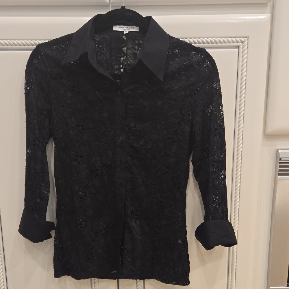 Anne Fontaine Black Lace Button-Up Blouse